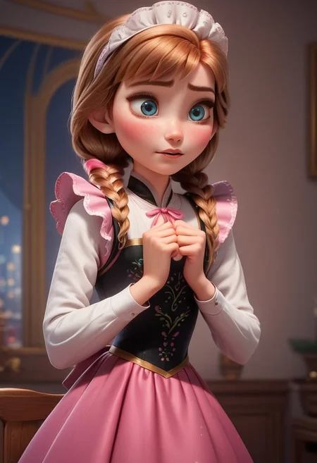 score_9, score_8_up, score_7_up, 20 year old 1girl, Anna, evey from v for vendetta, brown hair, corkscrew twintails, maid outfit, pink skirt, white shirt with pink trim, pink hair ribbons, beautiful detailed eyes, high resolution, highly detailed, standing in a fancy hotel room, demure, bashful, blushing