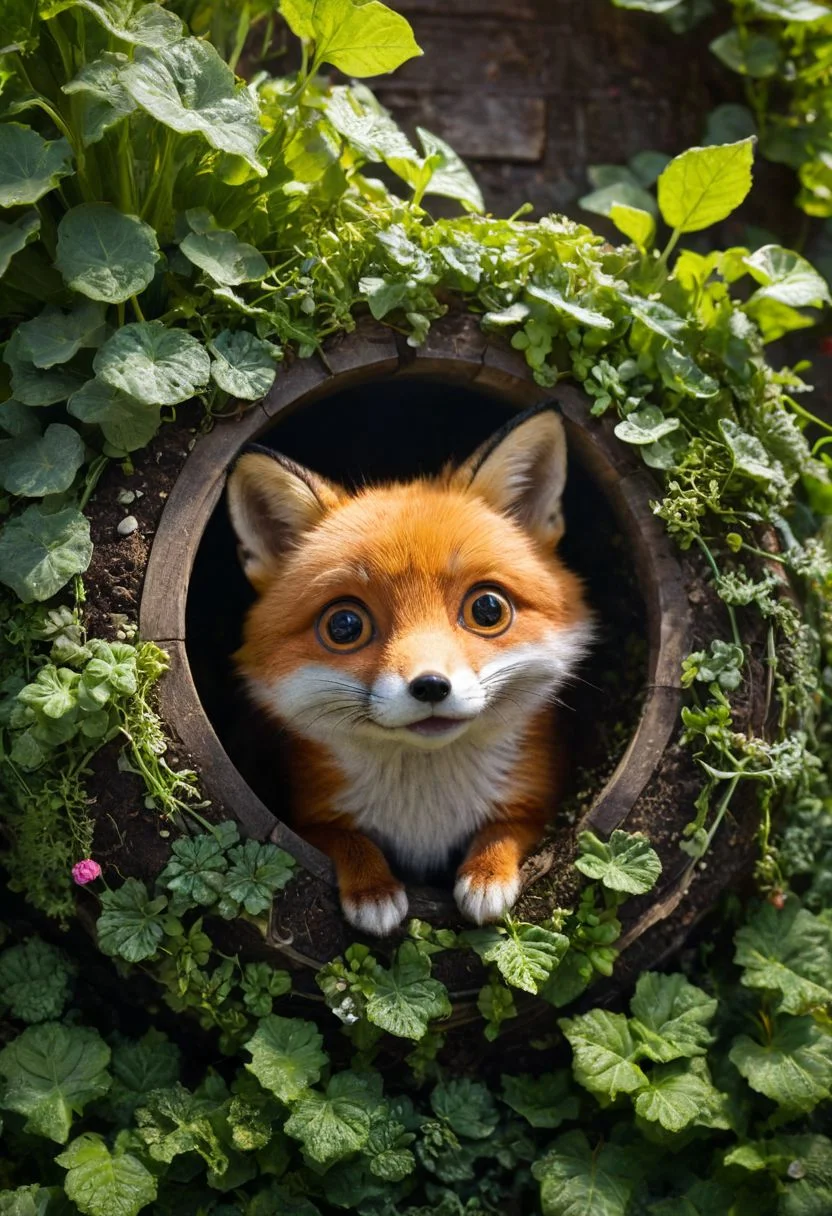 amazing quality, masterpiece, best quality, hyper detailed, ultra detailed, UHD, perfect anatomy, dof, portrait, awesome, inspiring, Expressiveh, realistic, high quality, 4K, absurd resolution, incredibly detailed, masterpiece, sharp, (too cute fox house garden:1.6), (so cute:1.5), (big round eyes, cute eyes:2), happy, extremely detailed, no humans, extremely detailed scales, sunlight, realistic, high quality, detailed, shadows, glowing, bright colors, high contrast, vivd lighting, cinematic composition, soft shadows, national geographic style, (view from above), (close up:1.5)