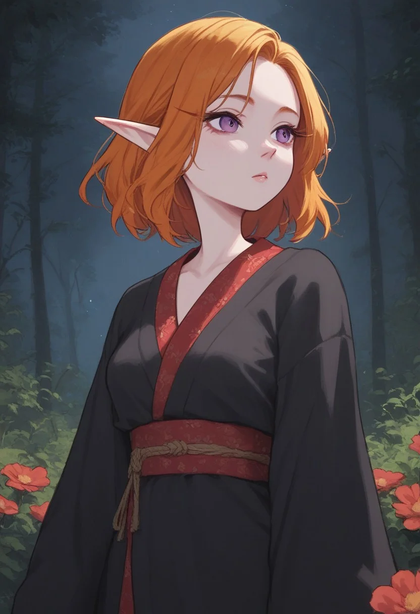 score_9, score_8_up, score_7_up, extremely detailed, 1girl, elf, pale skin, cute face, violet eyes, medium length hair, two-tone hair, blonde hair, ginger hair, medium breasts, wearing a loose black kimono with red trim and red floral pattern, standing in a forest, night, moonlight