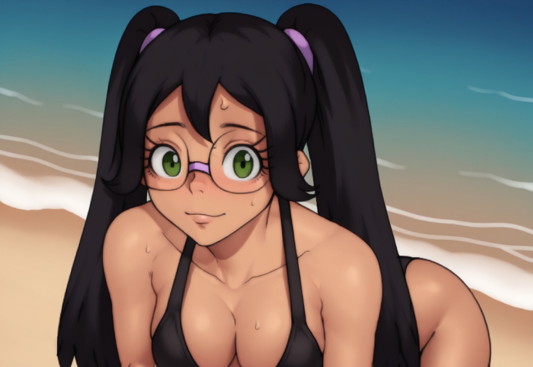 TootieJM, 1girl, light-skinned female, twintails, black hair, green eyes, glasses, beach, looking at viewer