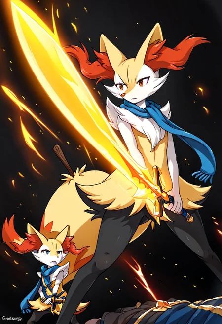 1boy Braixen Holding Plasma Sword, yellow Plasma Sword, brave-perspective, blue scarf