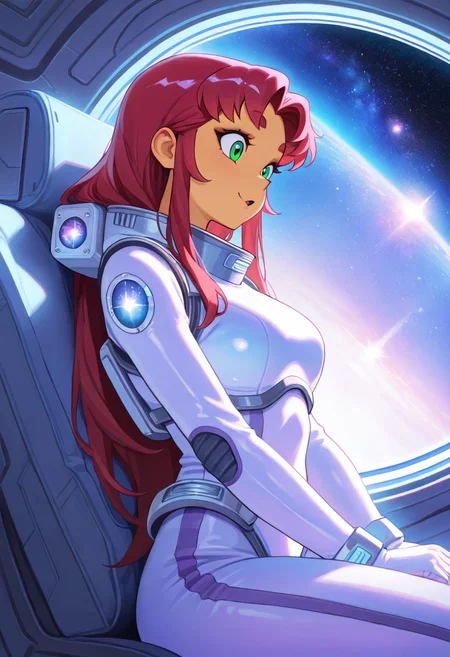 starfire, ultra detailed, masterpiece, best quality, 1girl, solo, adult, indoors, space suit, sitting, seat, windows, futuristic vehicle, space, stars, galaxy, pastel colors, vintage, intricate detailed, finely detailed, amazing detail, from side, smile, :o, awe, shadows, dim lighting, cowboy shot,