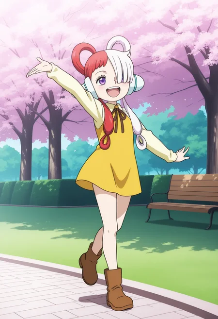 1girl, uta_\(one_piece\), red hair, white hair, multicolored hair, hair rings, low twintails, hair over one eye, purple eyes, headphones, yellow dress, brown boots, 
full body, dancing, dynamic pose, happy, outdoors, park, sakura, 
masterpiece, best quality, ultra-detailed, very aesthetic, illustration, perfect composition, intricate details, absurdres, official art, official style, source_anime, anime screencap, anime coloring, newest, intricate, hires textures, high detail, 4k, incredibly detailed, perfect anatomy, UHD, 8K, 
<> <lora:OP-uta_XL(ill01)v10d:1>