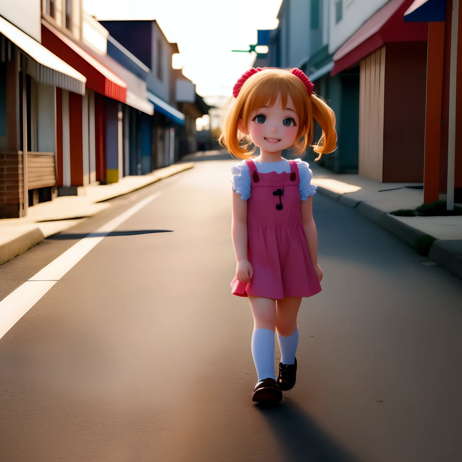 cute little girl walking in the street of a small town, smile, masterpiece, 4k, sharp focus,