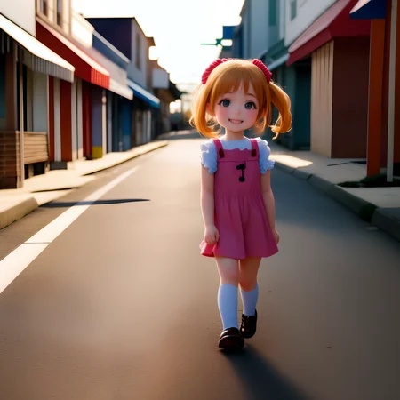 cute little  girl walking in the street of a small town, smile, masterpiece, 4k,  sharp focus,