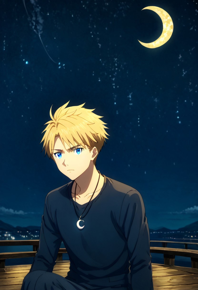 high resolution, solo, best quality, 1Boy, Yamato Ishida, Blonde Hair, Blue Eyes, Necklace, Sitting on a crescent moon, dreamy look, night sky background.,