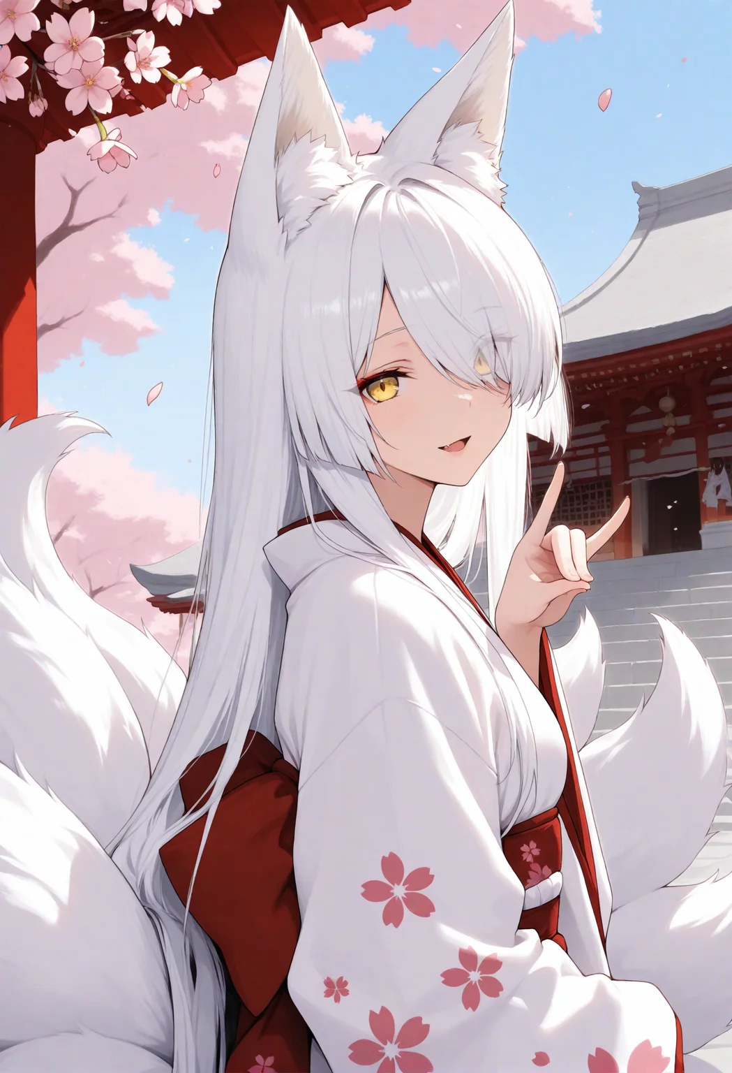 1girl, fox tail, sky, cherry blossoms, petals, temple, multiple tails, white hair, long hair, animal ears, masterpiece, yellow eyes, kitsune, hair over one eye, light smile, head tilt, close-up, portrait, open mouth, looking at viewer, fox shadow puppet, from side, white kimono, standing, floral print, fang,