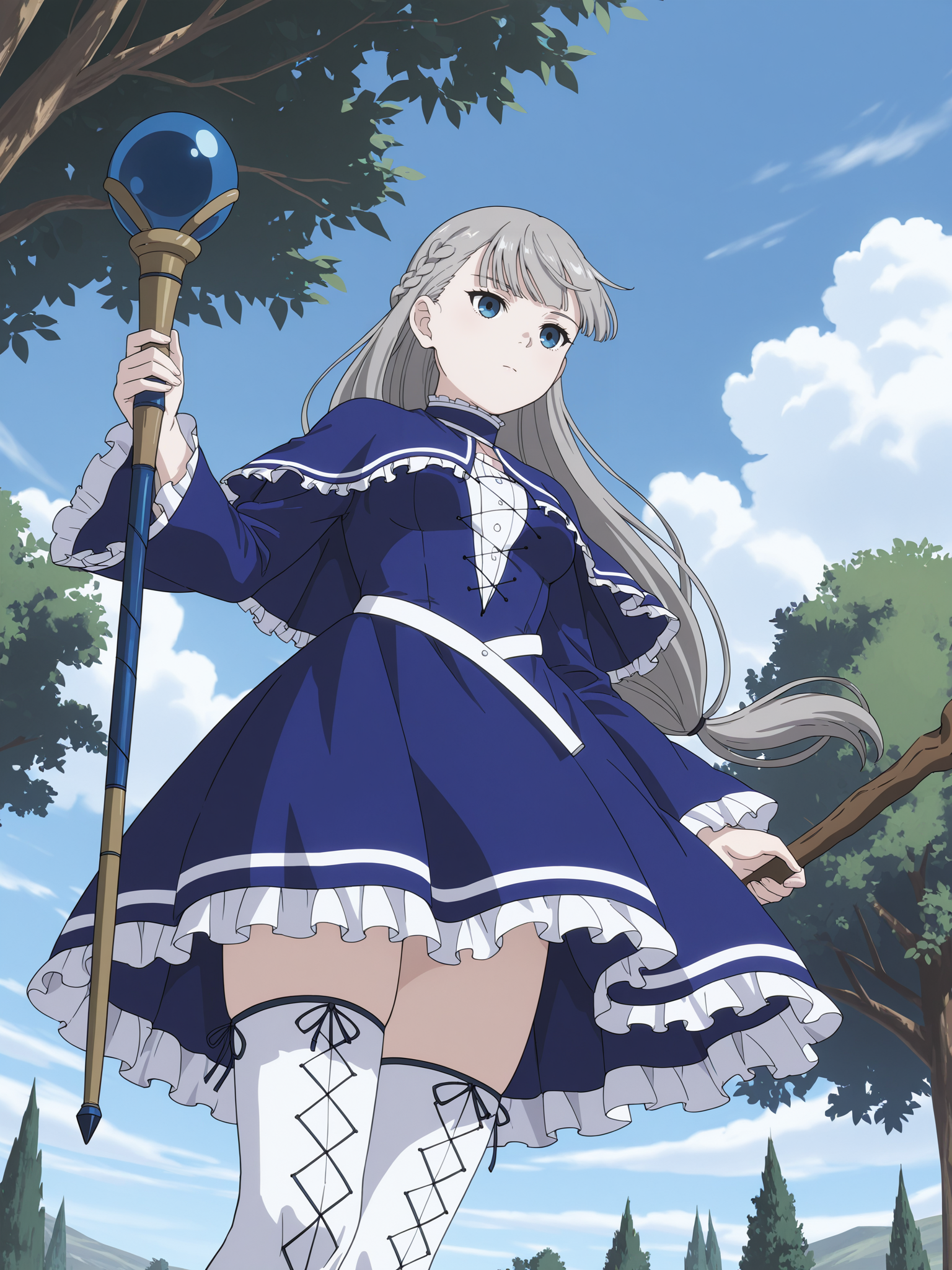 Lawine,Lawine, solo, staff, thighhighs, dress, holding, outdoors, holding staff, capelet, sky, braid, tree, cloud, frills, breasts, white thighhighs, from below, blue dress