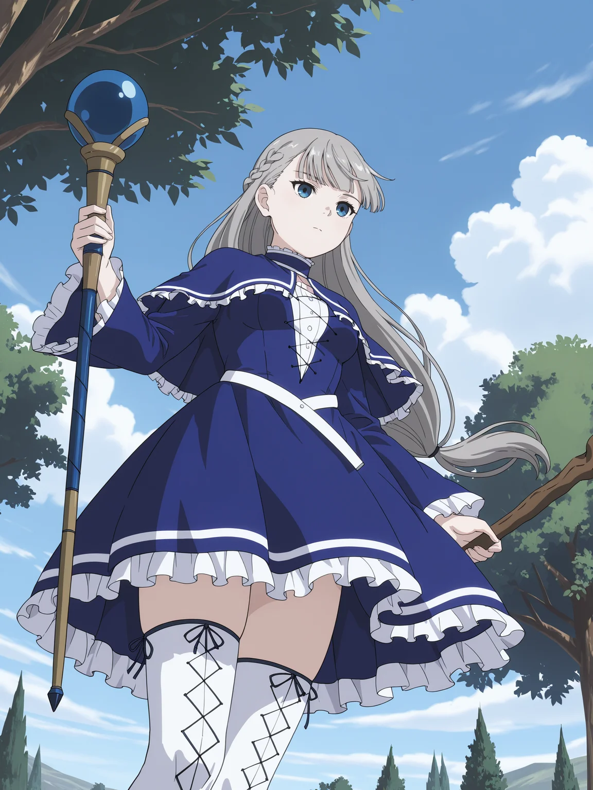 Lawine,Lawine, solo, staff, thighhighs, dress, holding, outdoors, holding staff, capelet, sky, braid, tree, cloud, frills, breasts, white thighhighs, from below, blue dress