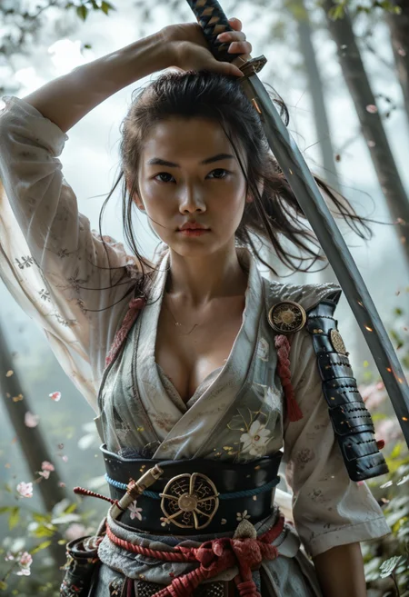 score_9, score_8_up, score_7_up, score_6_up, score_5_up, score_4_up, zPDXL3, zPDXLrl, beautiful cute samurai girl with sleek black hair, bandana, Asian, Japanese, oriental, cute face, intricate, ponytail, close up, <lora:PerfectEyesXL:0.85>, perfecteyes, brown eyes, disciplined, highly detailed, katana sword, arm up unsheathing sword, sword gleaming in the sunlight, lens flare, samurai detailed armour, Japanese style, small breasts, (cleavage), feudal Japan, sashimono, shogun, honourable, ((cherry blossoms:0.4)), perfect blossom, windswept, masterpiece, sunrise lighting, finely detailed focused eyes, HDR, 4k, hyper-realistic, high definition, realistic skin, skin pores, detailed skin, deep skin, ((portrait photography:1.1)), close up photography, <lora:zy_Realism_Enhancer_v1:0.6>