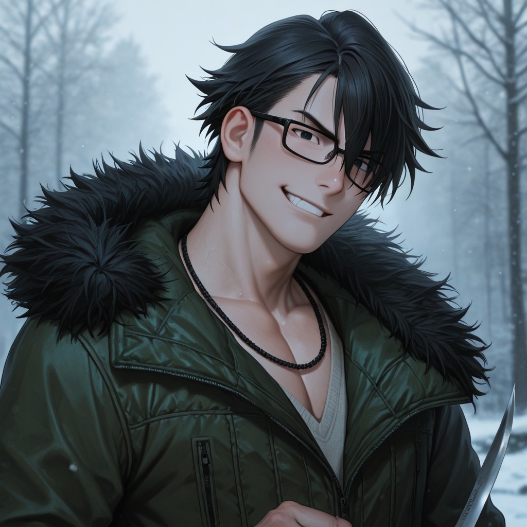 masterpiece, best quality, amazing quality, absurdres, newest, detailed background, definition so sharp, Ultra-HD, 8K cinematic, very awa, impressionate, amazing quality, highres, 
solo, male focus, manly, mature male, bara, charming, cool, badass, cold light, blurry background, outdoor, 
1boy, short hair, glasses, saruhikofushimi, saruhiko_black hair, saruhiko_black eyes, green jacket, fur-trimmed jacket, white v-neck, necklace, knife, throwing knife,
grin, smirk, excited, upper body, holding weapon, looking at viewer, front,