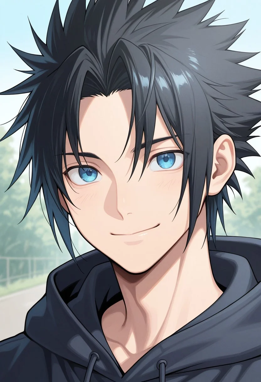 masterpiece,best quality,amazing quality, source_anime,
ZakkusuFea, 1boy, male focus, solo, blue eyes, black hair, spiked hair, short hair, hoodie, hood,
portrait, smile, outdoor,