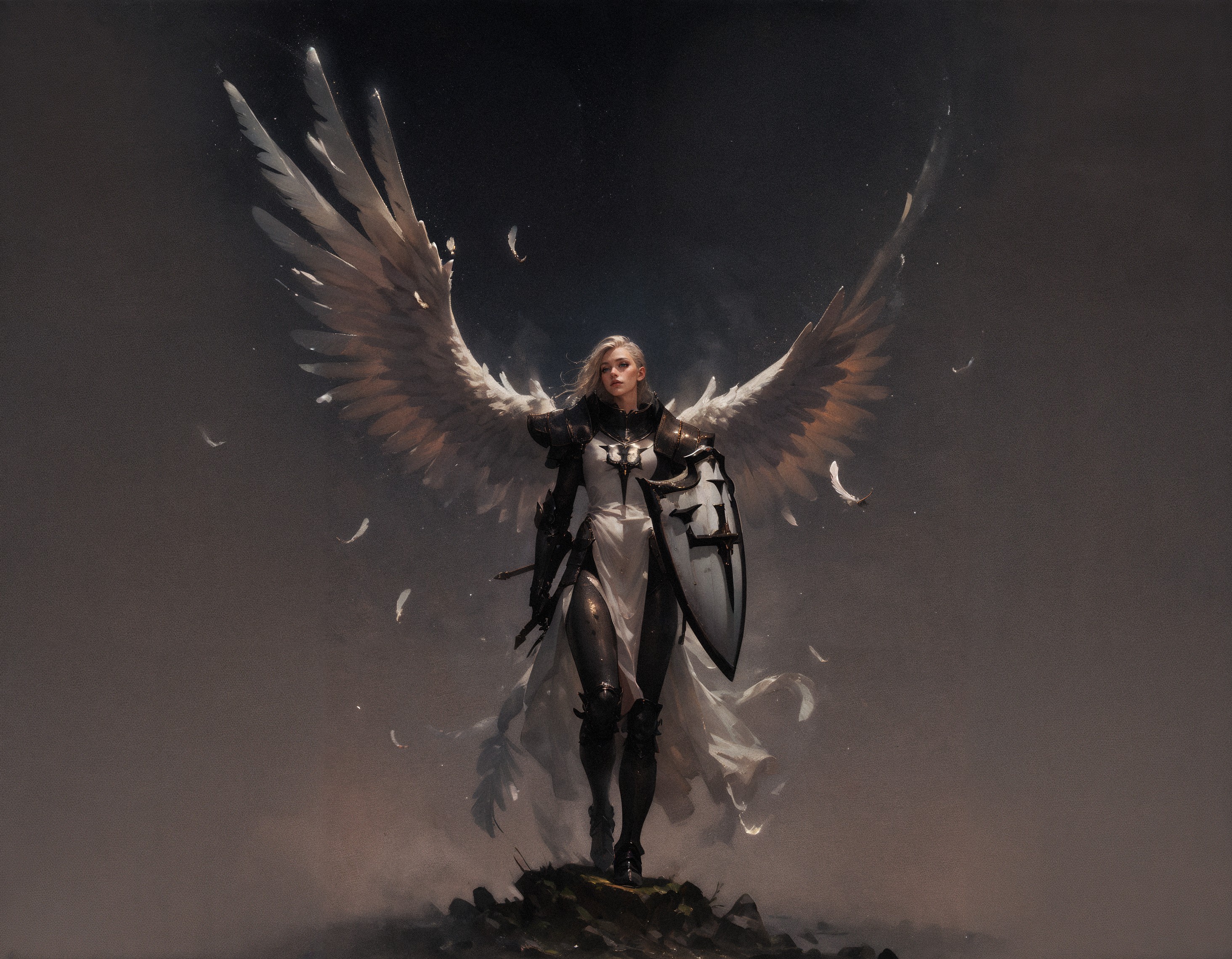 score_9, score_8_up, score_7_up, score_6_up, score_5_up, score_4_up,  masterpiece, high quality, full body, angel wings, large feather wings, solo, crsadr, knight, pauldrons, full armor, long hair, gauntlets, holding shield, shield on the ground, pelvic curtain, braid, side cut, panoramic, white fabric, (simple background, black background:1.2)