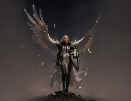 score_9, score_8_up, score_7_up, score_6_up, score_5_up, score_4_up,  masterpiece, high quality, full body, angel wings, large feather wings, solo, crsadr, knight, pauldrons, full armor, long hair, gauntlets, holding shield, shield on the ground, pelvic curtain, braid, side cut, panoramic, white fabric, (simple background, black background:1.2)