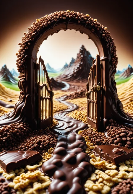 a gate made of melted chocolate and cereals by Jed-ChocoC, its the entrance to the land of milk and honey, behind the gate is a open path made of melted chocolate into a fantasy chocolate landscape <lora:last:0.7> <lora:SDXLFaeTastic2400:0.7>