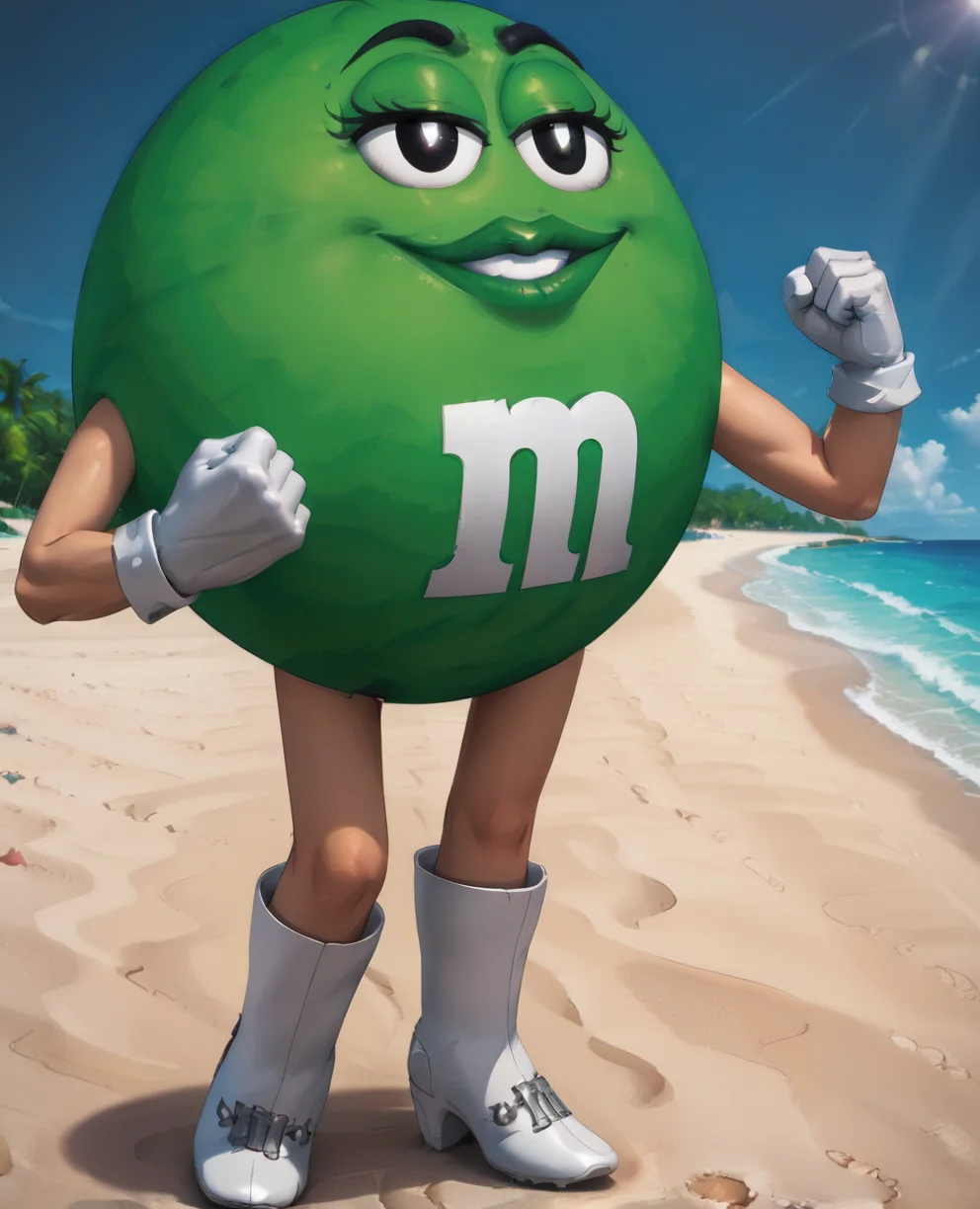 msgreen,white gloves, black eyes, smile, clenched hands,
standing, boots,
beach resort,morning,
<lora:MsGreen:1>,