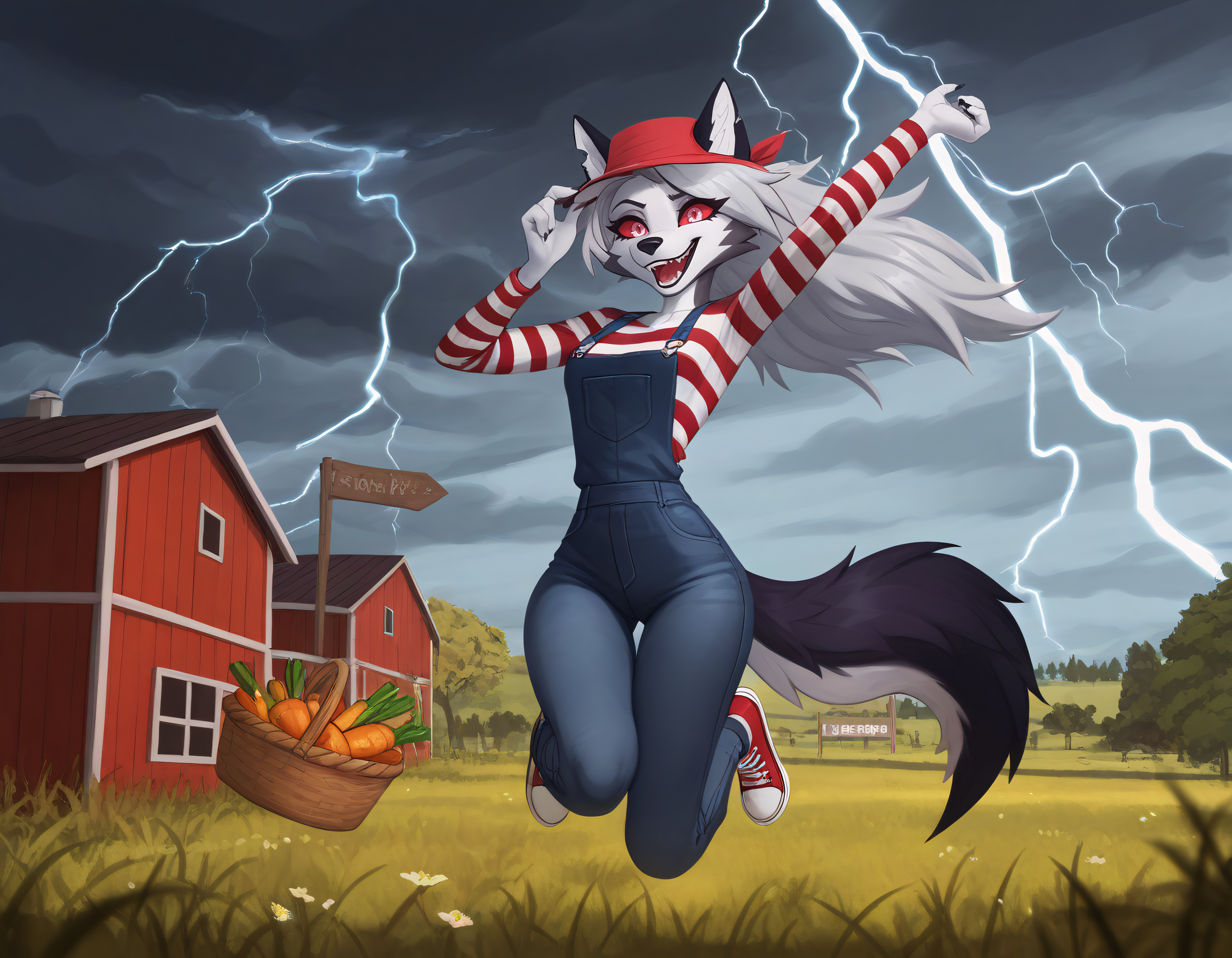 furry, animal ears, long snout, wolf girl, tail, furry female, wolf ears, loona, hellhound, claws, red eyes, wolf tail, breasts, medium breasts, (red sclera:0.8), (white eyes:0.8),(4 fingers:1.2), body fur, srhsrhshshs, srhsrhshshs, srhsrhshshs, overalls,denim overalls,striped shirt,long sleeves,red shirt,white shirt,sneakers,bandana (headwear),,, evulchibi_style,, outdoors,farm_shop,stall,building,vegetable,asparagus,rhubarb,sign,basket,customer,spring,day,, day,thunderstorm,storm_clouds,dark_sky,lightning,heavy_rain,windy,,, jumping, midair, arms_up, excited_expression,,,<lora:Illustrious\Artstyles\Evulchibi Style.safetensors:0.9:0.9> <lora:Illustrious\Detailing\NoobAI-XL Detailer v1.0.safetensors:0.33:0.33> <lora:Illustrious\Detailing\Lighting Adjustment.safetensors:0.45:0.45>, <lora:Illustrious\Characters\Loona (WaifuChef VPred).safetensors:0.52:0.52>