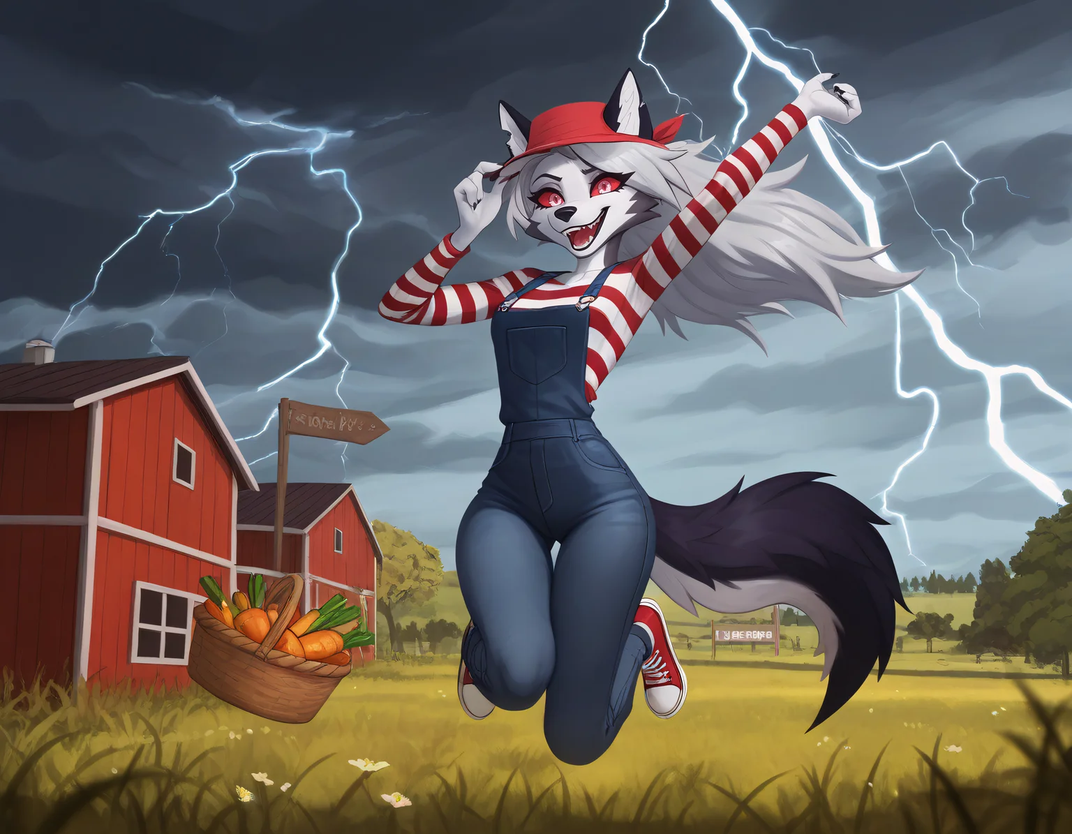 furry, animal ears, long snout, wolf girl, tail, furry female, wolf ears, loona, hellhound, claws, red eyes, wolf tail, breasts, medium breasts, (red sclera:0.8), (white eyes:0.8),(4 fingers:1.2), body fur, srhsrhshshs, srhsrhshshs, srhsrhshshs, overalls,denim overalls,striped shirt,long sleeves,red shirt,white shirt,sneakers,bandana (headwear),,, evulchibi_style,, outdoors,farm_shop,stall,building,vegetable,asparagus,rhubarb,sign,basket,customer,spring,day,, day,thunderstorm,storm_clouds,dark_sky,lightning,heavy_rain,windy,,, jumping, midair, arms_up, excited_expression,,,<lora:Illustrious\Artstyles\Evulchibi Style.safetensors:0.9:0.9> <lora:Illustrious\Detailing\NoobAI-XL Detailer v1.0.safetensors:0.33:0.33> <lora:Illustrious\Detailing\Lighting Adjustment.safetensors:0.45:0.45>, <lora:Illustrious\Characters\Loona (WaifuChef VPred).safetensors:0.52:0.52>