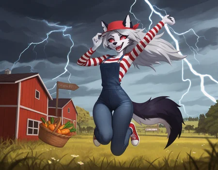 furry, animal ears, long snout, wolf girl, tail, furry female, wolf ears, loona, hellhound, claws, red eyes, wolf tail, breasts, medium breasts, (red sclera:0.8), (white eyes:0.8),(4 fingers:1.2), body fur, srhsrhshshs, srhsrhshshs, srhsrhshshs, overalls,denim overalls,striped shirt,long sleeves,red shirt,white shirt,sneakers,bandana (headwear),,, evulchibi_style,, outdoors,farm_shop,stall,building,vegetable,asparagus,rhubarb,sign,basket,customer,spring,day,, day,thunderstorm,storm_clouds,dark_sky,lightning,heavy_rain,windy,,, jumping, midair, arms_up, excited_expression,,,<lora:Illustrious\Artstyles\Evulchibi Style.safetensors:0.9:0.9> <lora:Illustrious\Detailing\NoobAI-XL Detailer v1.0.safetensors:0.33:0.33> <lora:Illustrious\Detailing\Lighting Adjustment.safetensors:0.45:0.45>, <lora:Illustrious\Characters\Loona (WaifuChef VPred).safetensors:0.52:0.52>