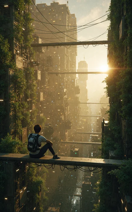 A futuristic eco-city covered in massive vertical gardens,where skyscrapers intertwine with lush greenery. A boy wearing a futuristic outfit adorned with nature-inspired patterns sits on a rooftop platform,overlooking aerial walkways and flowing water features surrounded by vegetation. The golden hues of sunset cast dynamic shadows,creating a harmonious yet mysterious atmosphere.,<lora:kcyberpunk-01:0.8>,kcyberpunk,