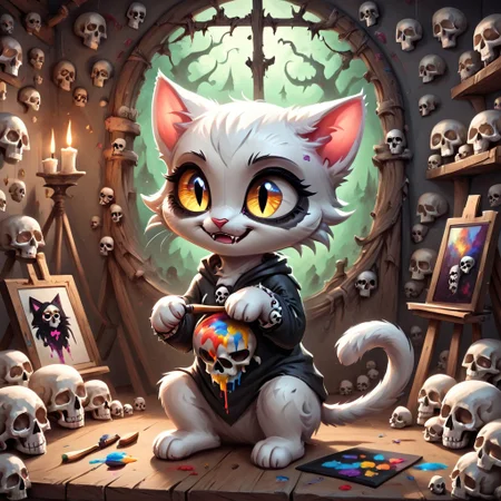 cat girl dressed in an elaborate collection of skulls covering her in a majestic way holding paint brush, art studio, painting of cute skulls, pg safe