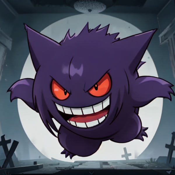 pokemon, gengar, ghost, poison, quadrupedal, creature, purple fur, (round body:1.2), short legs, toothy grin, (pointed ears:0.9), small teeth, upper jaw, fang-like, lower jaw, red eyes, yellow pupils, short tail, levitate, float, silently, ghost-type, versatile, wild, lurk, dark, abandoned places, graveyards, mischievous, shadows, appearance, fears, desires, manipulate, powerful, mysterious, unique abilities, mischievous personality, formidable, levitate, hide, shadows, attacks  <lora:Pokemon Gengar:0.65>
<lora:gender_slider_v1:6>