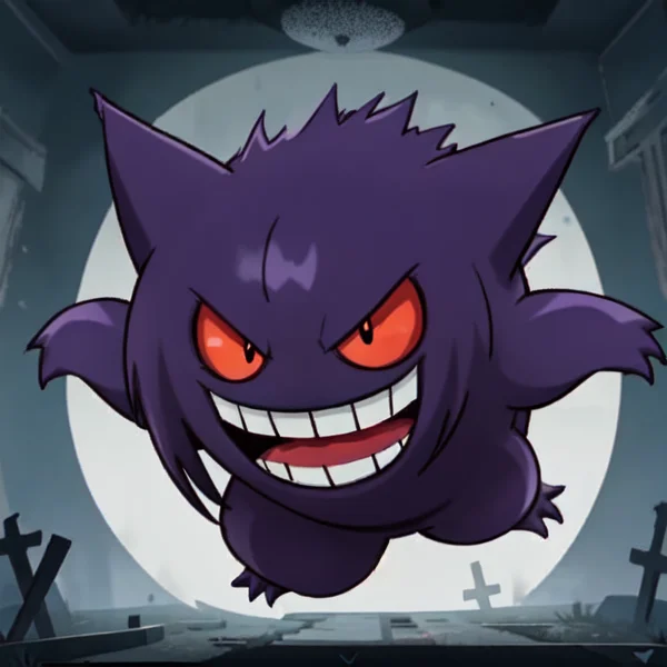 pokemon, gengar, ghost, poison, quadrupedal, creature, purple fur, (round body:1.2), short legs, toothy grin, (pointed ears:0.9), small teeth, upper jaw, fang-like, lower jaw, red eyes, yellow pupils, short tail, levitate, float, silently, ghost-type, versatile, wild, lurk, dark, abandoned places, graveyards, mischievous, shadows, appearance, fears, desires, manipulate, powerful, mysterious, unique abilities, mischievous personality, formidable, levitate, hide, shadows, attacks <lora:Pokemon Gengar:0.65>
<lora:gender_slider_v1:6>
