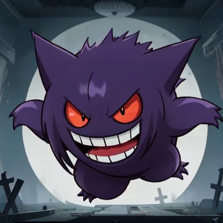 pokemon, gengar, ghost, poison, quadrupedal, creature, purple fur, (round body:1.2), short legs, toothy grin, (pointed ears:0.9), small teeth, upper jaw, fang-like, lower jaw, red eyes, yellow pupils, short tail, levitate, float, silently, ghost-type, versatile, wild, lurk, dark, abandoned places, graveyards, mischievous, shadows, appearance, fears, desires, manipulate, powerful, mysterious, unique abilities, mischievous personality, formidable, levitate, hide, shadows, attacks  <lora:Pokemon Gengar:0.65>
<lora:gender_slider_v1:6>