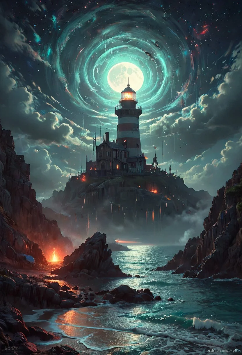 glitchstyle, glitch, flickering, digital, glitch style, Under the eerie glow of a full moon, a dark and ominous landscape unfolds. A vibrant, colorful ship stands by the edge of a serene ocean, its vivid hues contrasting starkly with the foreboding atmosphere. In the background, a lighthouse stands atop jagged rocks, its light cutting through the darkness and reflecting off the ocean's surface, glistening in the moonlight. Thick, swirling clouds loom overhead, adding to the sense of an evil presence. The moonlight filters through the clouds, casting an otherworldly glow over the scene. A falling star streaks across the sky, adding a touch of mysticism to the night. The air is thick with a sense of ancient secrets and dark magic, as if the very night is alive with hidden power. romantic impressionism,dream scenery art,beautiful oil matte painting,romantic,style of thomas kinkade,beautiful digital painting,anime landscape,romantic painting,dreamlike digital painting,colorful painting,beautiful gorgeous digital art,style of greg rutkowski,janek sedlar,jenny saville