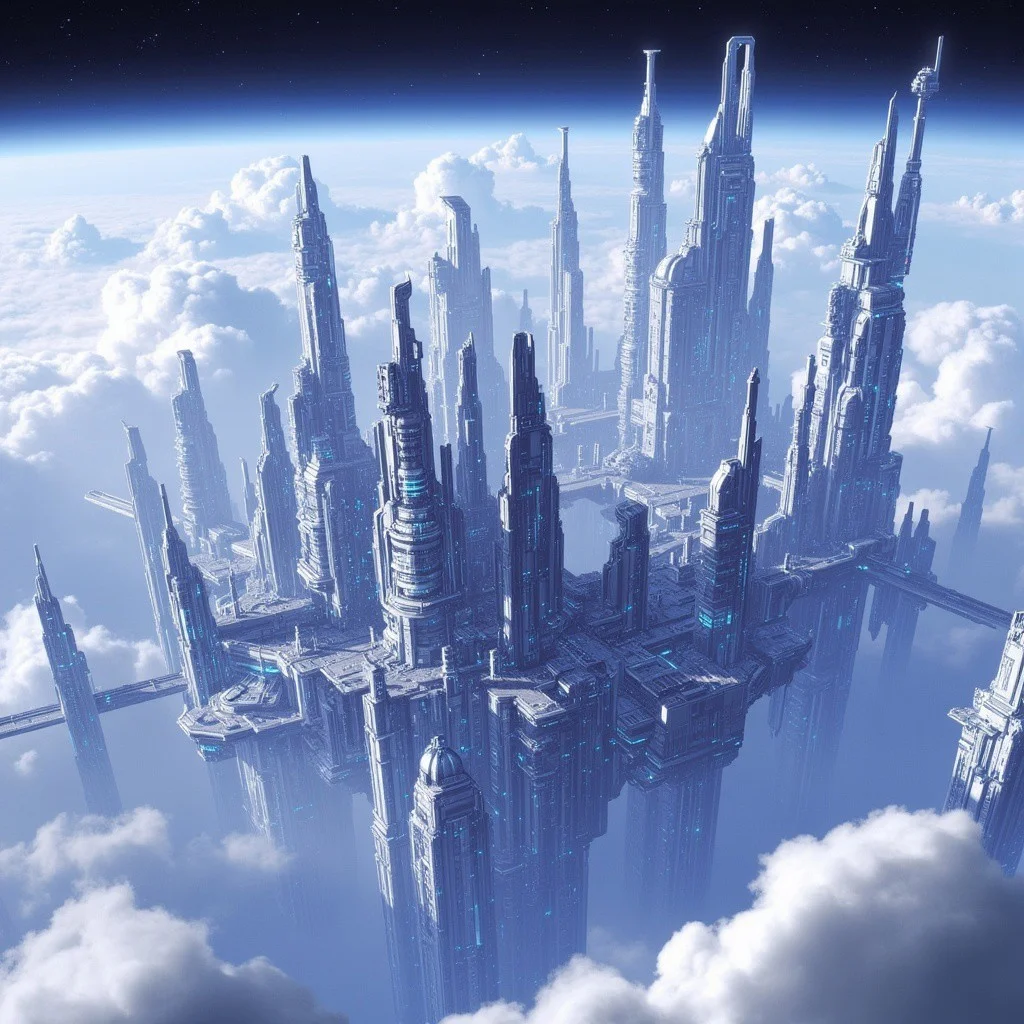 This is a digital artwork, likely a piece of science fiction concept art, depicting a futuristic, high-tech cityscape set in space. The scene features a sprawling, towering cityscape built on a platform floating in the clouds. The city is composed of numerous, sleek, metallic skyscrapers with intricate, interconnected structures and a mix of cylindrical and rectangular shapes. The buildings are adorned with glowing lights, suggesting advanced technology and energy use.