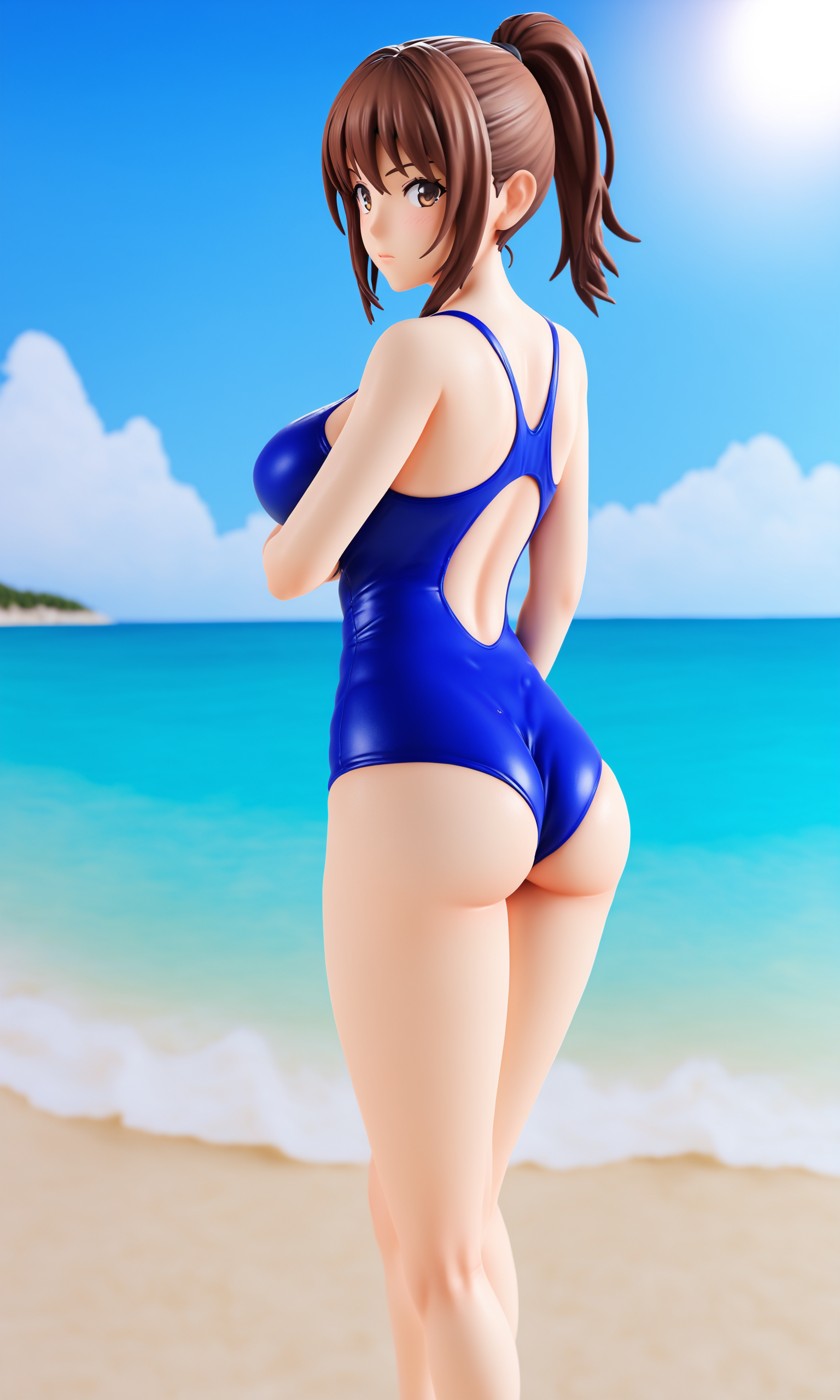 1girl, anifigurestyle, large_breasts, blue_one-piece_swimsuit, brown_hair, brown_eyes, ponytail, ass, looking_at_viewer, beach, water, sky