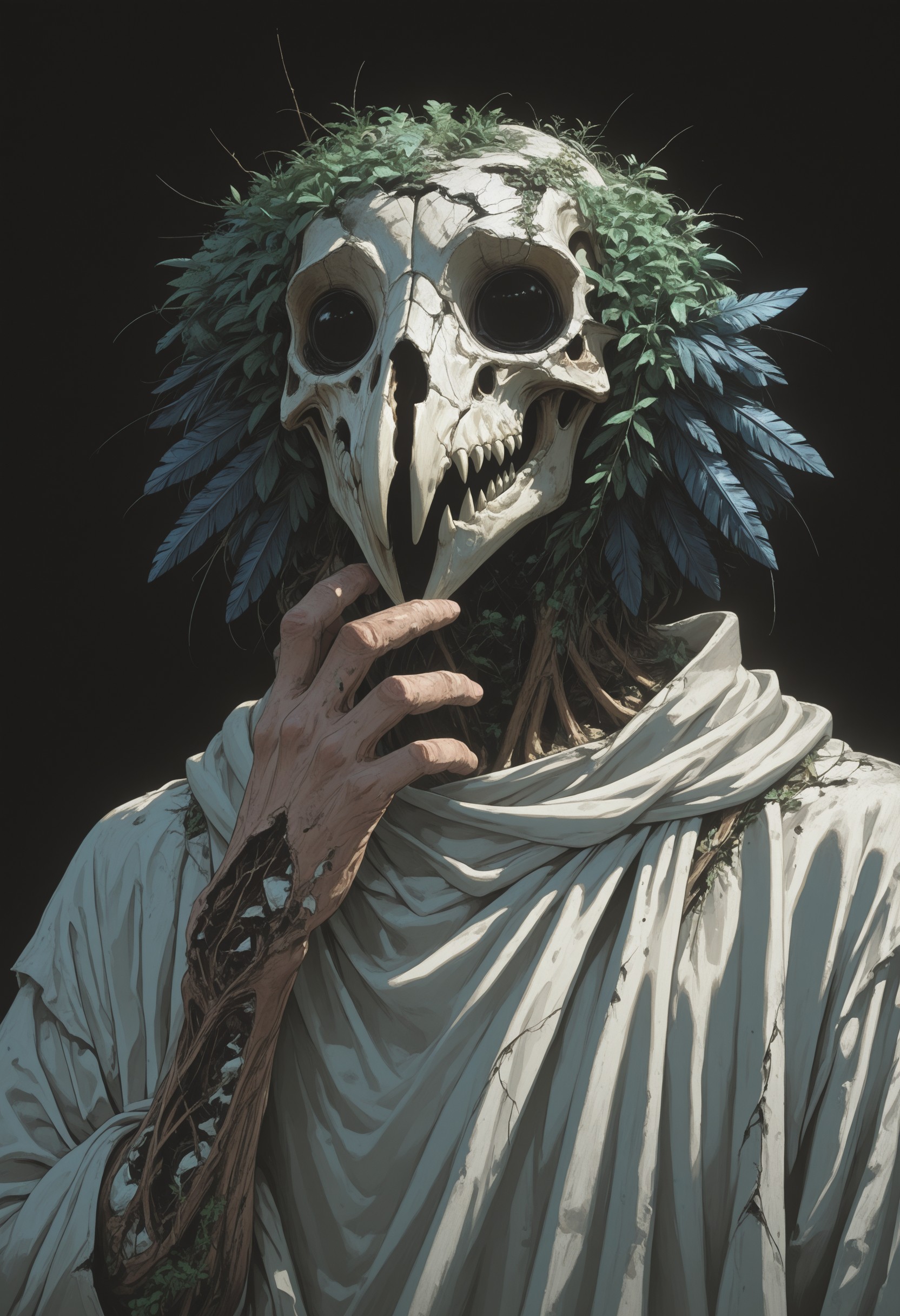 mcht2, solo, black background, male focus, 1other, mask, simple background, white robe, hand up, robe, bird skull, creature, crack, upper body, wings, short hair, overgrown, feathers, masterfully drawn, expressive, amazing quality, best resolution, very aesthetic, 4k, latest, , <lora:7816f2e6-0748-4dd1-8f42-d358756e2d5d:0.9>