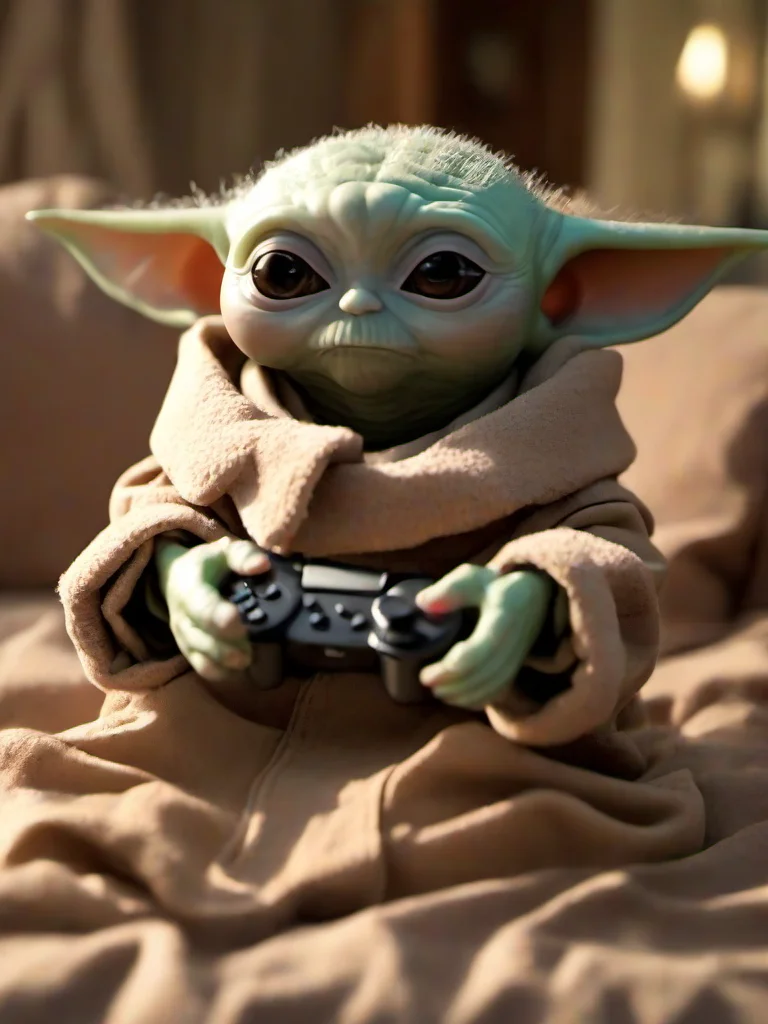 Masterpice,High Quality,
 <lora:PE_BabyYoda:0.8> PEBabyYoda,
sitting on couche,playing video games,game controller in hand
