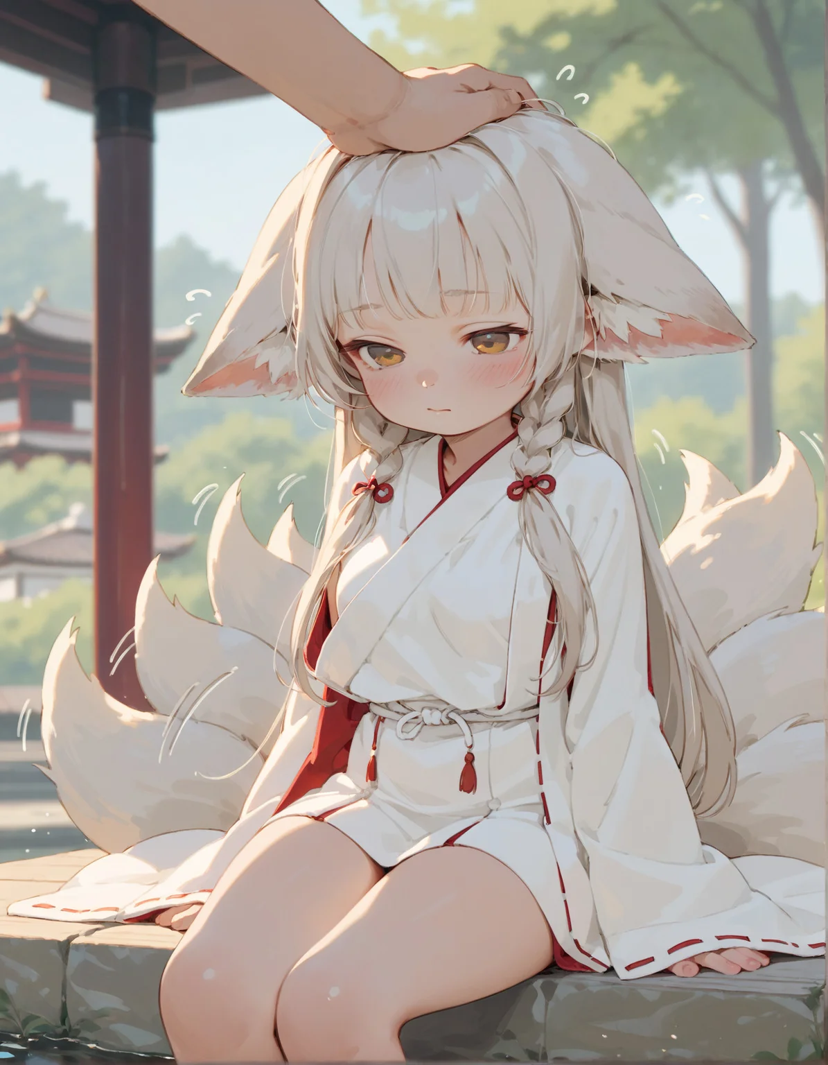 spot color, long hair, blush, sitting, fox ears, fox tail, multiple tails, (tail wagging), side braids, ears down, ear wiggle, miko dress, headpat, lineart, large breasts