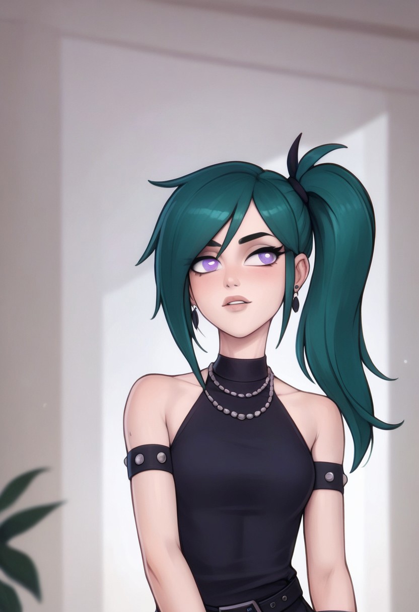 score_9, score_8_up, score_7_up, score_6_up, PRSNL_3_1, uncensored, pupils black dots, lips,
upper body, 
UbelSSnF
green hair, side ponytail, purple eyes
black dress, halterneck, sleeveless, short dress, black belt, armlet, arm strap, single glove, thigh strap