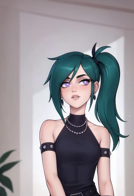 score_9, score_8_up, score_7_up, score_6_up, PRSNL_3_1, uncensored, pupils black dots, lips,
upper body, 
UbelSSnF
green hair, side ponytail, purple eyes
black dress, halterneck, sleeveless, short dress, black belt, armlet, arm strap, single glove, thigh strap