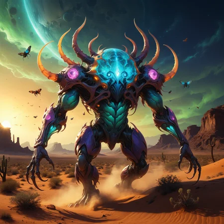 <lora:xl_more_art-full-xl:0.6>, <lora:add-detail-xl:2.0>, famous artwork (by april lee:1.2), (dramatic scene:1.4), (fractal art:0.5), fantasy style, dynamic angle, this (bioluminescent abomination:1.3), the shrieking hammerbuster with its iridescent hide hunts swallorfluxed (colorful insects:1.1) in the (lush desert oases:1.2) on planet quirklebrock ix, its rearmorgled body casting a soft, pulsing enforbled glow on the surroundings, ultra high detail, ultra realistic, 8k