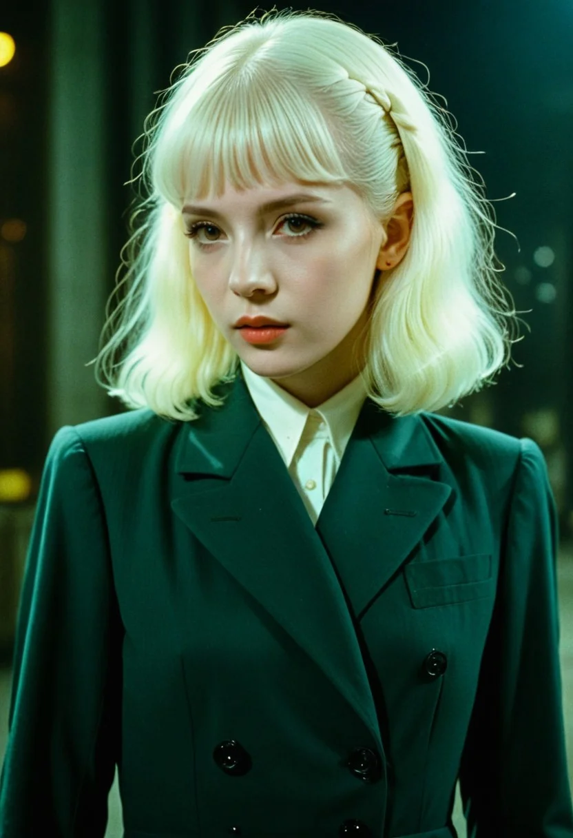 (charturnerv2), character sheet, screen grab from "Blade Runner". Photo of Luna_Valentine in the style of uwu ethots, (lilyrae), (luna celeste valentine dressed as a detective), slim thick, investigating. very pretty, uwu, synthetic, white hair tied into a bun and short blunt bangs, high detailed, realistic natural skin, albino female, sci-fi cinema. in the year 1974, pitch black night,, medium shot, off center, film grain, chromatic aberration, pointed ears, artificial, backlit, overly dark scene,, Replicant, filmic, color graded, dual contrasting colors, SFW. wearing a detectives outfit, style sheet, plain background, multi pose