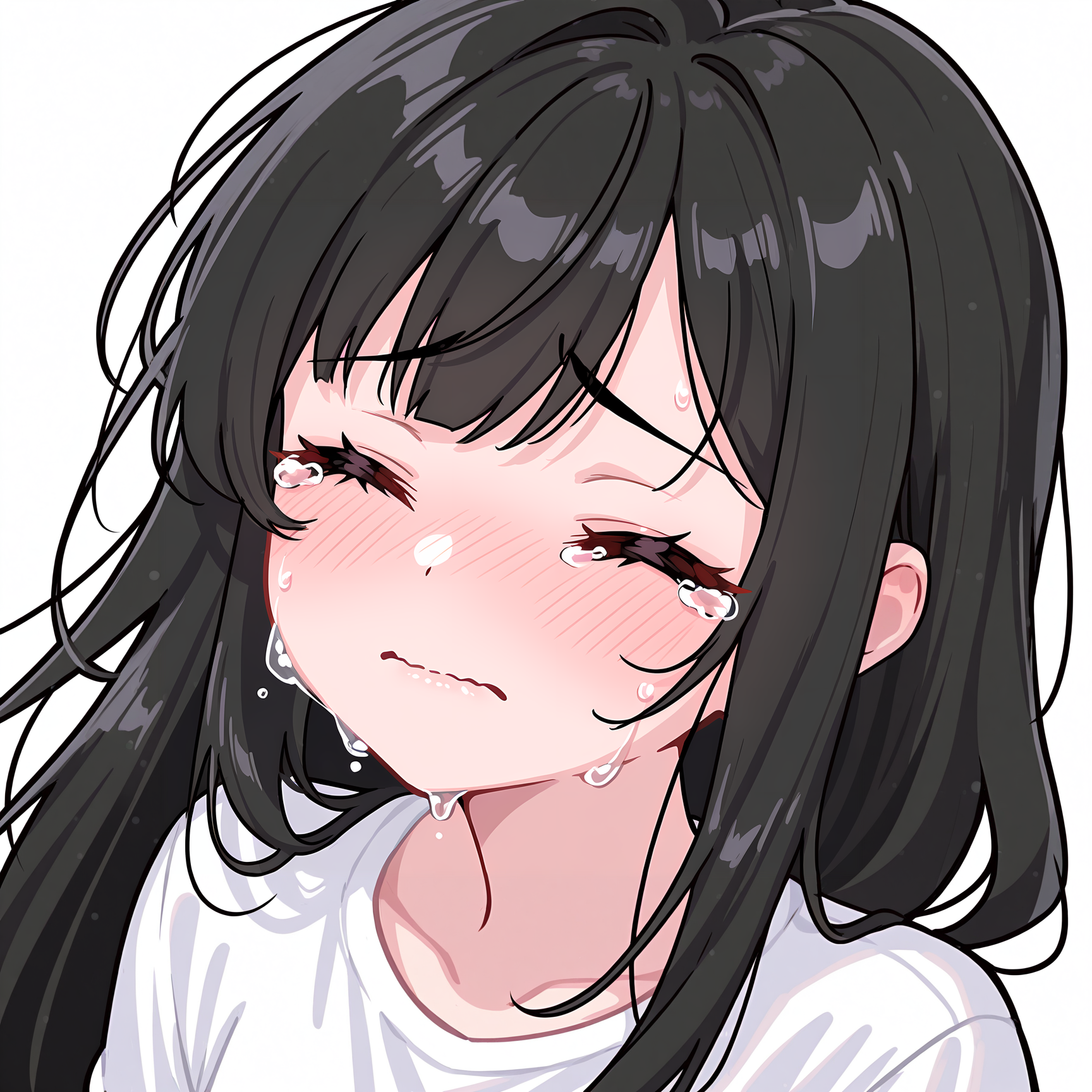 masterpiece,best quality,amazing quality, BREAK, 1girl, black hair, long hair. white shirt, tears, cry, closed eyes, white background, <lora:SorakaLoLLXL:1>, (solo), upper body, EmoteStyleILXL <lora:EmoteStyleILXL:1>