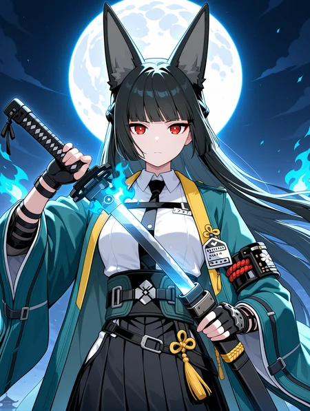 1girl, hoshimi miyabi, animal ears, black hair, black skirt, blue fire, blunt bangs, facing viewer, fingerless gloves, fire, fox ears, fox girl, full moon, gloves, green jacket, high-waist skirt, holding, holding sword, holding weapon, jacket, moon, night, red eyes, sheath, shirt, skirt, solo, sword, sword in front of face, unsheathing, weapon, white shirt
,masterpiece,best quality,amazing quality,