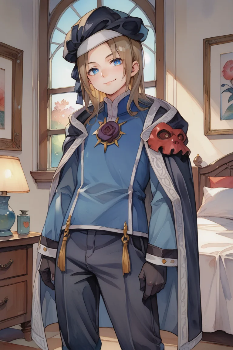 (score_9, score_8_up, score_7_up, score_6_up), source anime, BREAK, R<lora:Roswell_Branthese:0.65> , RoswDef, 1boy, brown hair, blue eyes, black beret, black cloak, blue uniform, black gloves, puffy pants, black pants, black footwear, rose, closed mouth, smile, interior, bedroom, (cowboy shot), looking at viewer, seductive, <lora:zy_Detailed_Backgrounds_v1:0.5> , detailed background, highly detailed, <lora:Watercolor Anime Style LoRA_Pony XL v6:0.6> , watercolor \(medium\), traditional media,