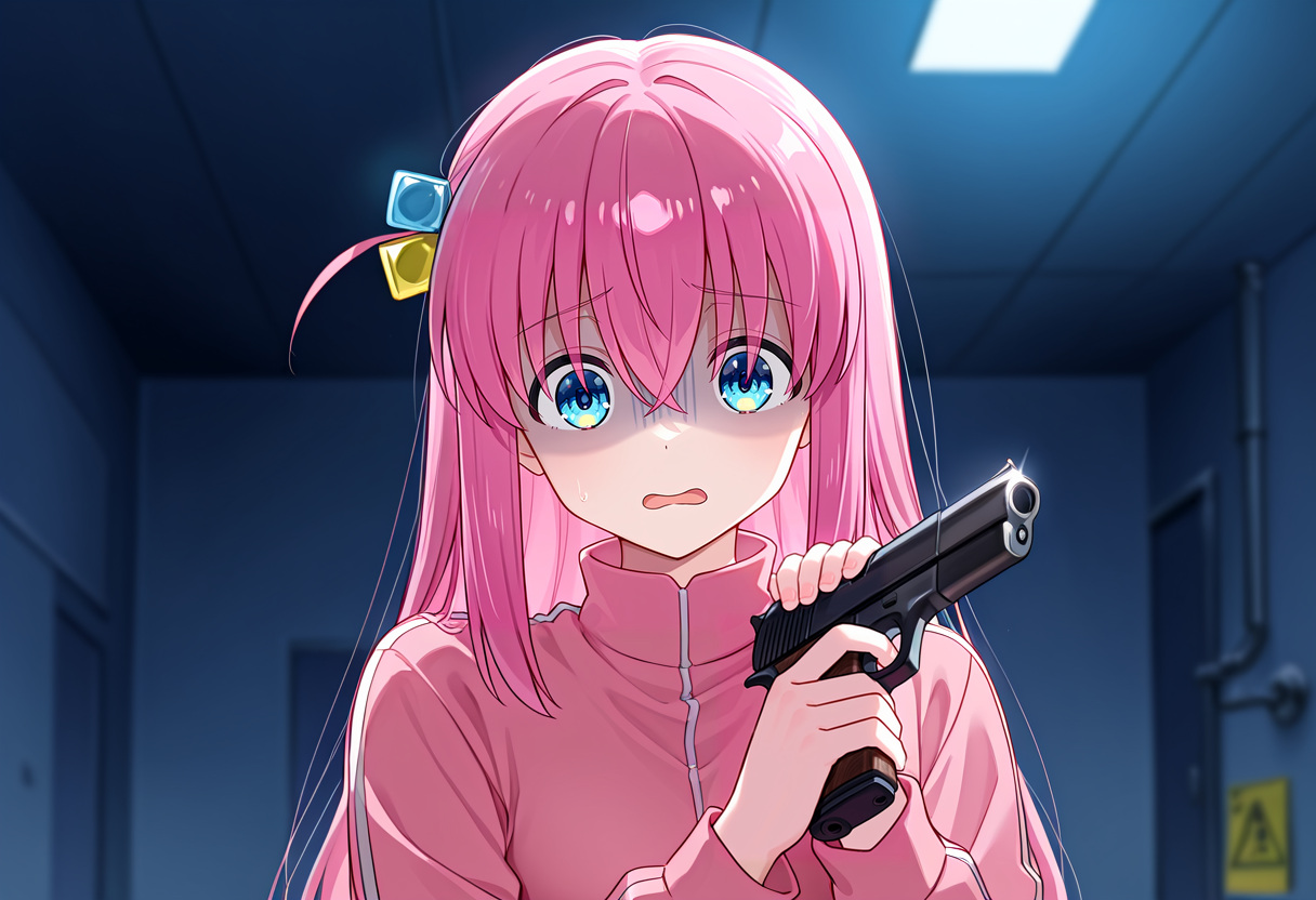 masterpiece, best quality, absurdres, 1girl, gotoh hitori, open mouth, holding weapon, hands up, holding gun, handgun, <lora:Im_a_healer_but_meme:1>