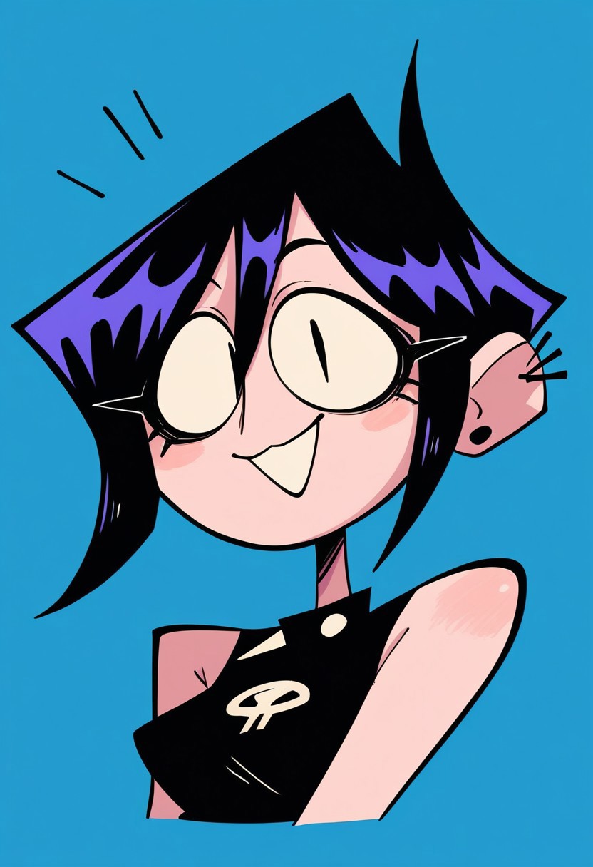 source_9, source_8_up, source_7_up, 1girl, valbun, black hair, short hair, black eyes, stud earrings, ear piercing, smile, happy, looking at viewer, crop top, portrait, blue background