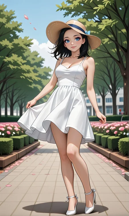 woman, summer outfit, eyeliner, in a park, flowers, floating petals, hat, cleavage, full body, heels, happy pose, bare legs, dress,, <lora:Woomy_1_IL:0.6> black hair, blue eyes, medium hair,