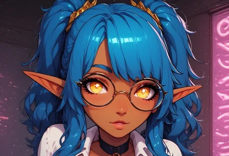 score_9, score_8_up, score_7_up,BREAK , 1girl, nerdy elf ((girl is far away)), (((messy bedroom, bedroom))), dynamic angle, ((messy hair)), blue hair, pointy ears, tanned skin, yellow eyes, bangs, pigtails, glasses,
(((Black high stockings with Japanese kanjis on them))), (((kanjis)))
Expressiveh, eye_focus, close-up, solo, looking_at_viewer, g0th1c, glowing, neon lights, glowing eyes,