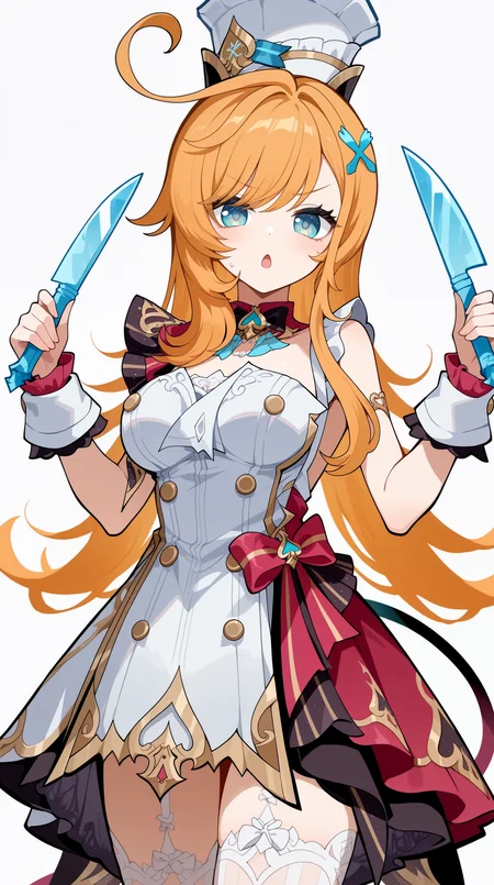 masterpiece, best quality, amazing quality, aesthetic,  absurdres, best quality, 4k, upscale, white background, simple background, escoffier, 1girl, long hair, hat, blue eyes, chef hat, solo, ahoge, looking at viewer, dress, bangs, hair ornament, white dress, breasts,  open mouth, orange hair, tail, holding knife, <lora:Escoffier_IL_V3:1>