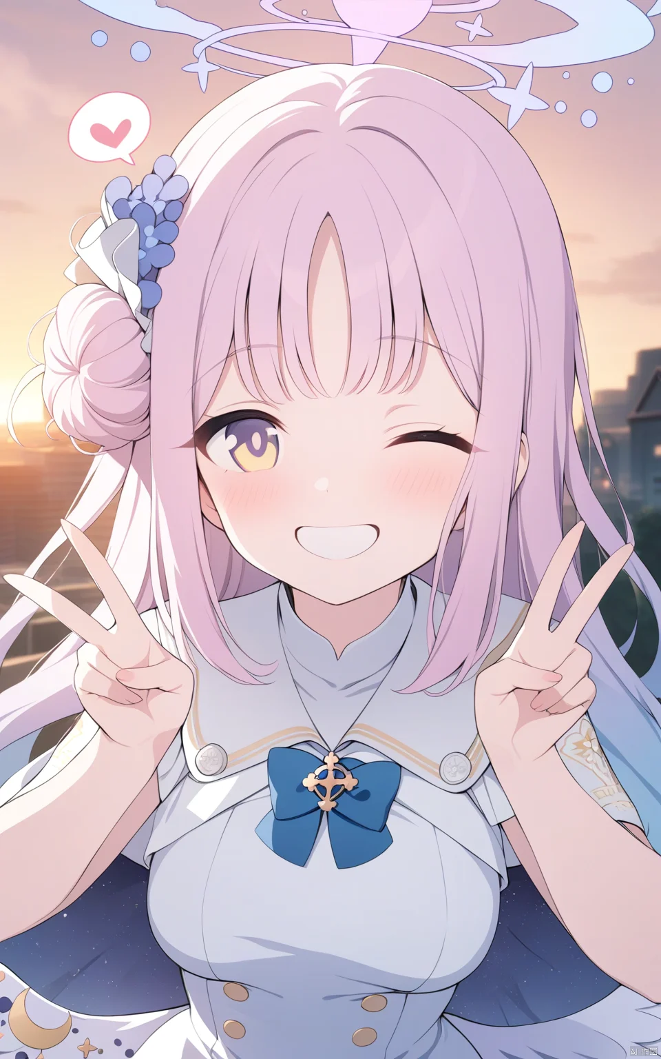 1girl, mika\(blue archive\), blue archive, game cg, solo, double v, happy, (looking at viewer), one eye closed, upper body, spoken_heart, cinematic angle, depth of field, outdoors, sunset, masterpiece, best quality