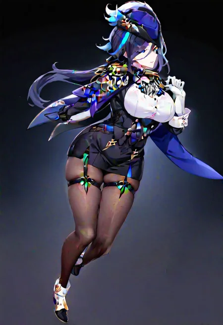 clorinde \(genshin impact\),
white gloves, tricorne, black pantyhose, pencil skirt, black jacket, fold-over boots, ascot, thigh strap, white shirt, underbust, blue cape
masterpiece, best quality, very aesthetic, absurdres, 1milf, 1adult, solo, full_body, tachi-e,