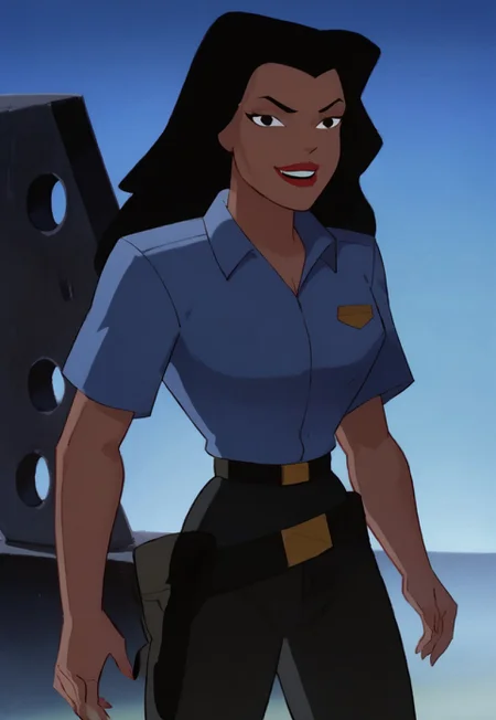 safe_pos, score_9, score_8_up, score_7_up, 1girl, solo, lipstick, black hair, black eyes, breast, blue shirt, short sleeves, belt, black pants, dark skin, GinaSA, looking at viewer, smug
