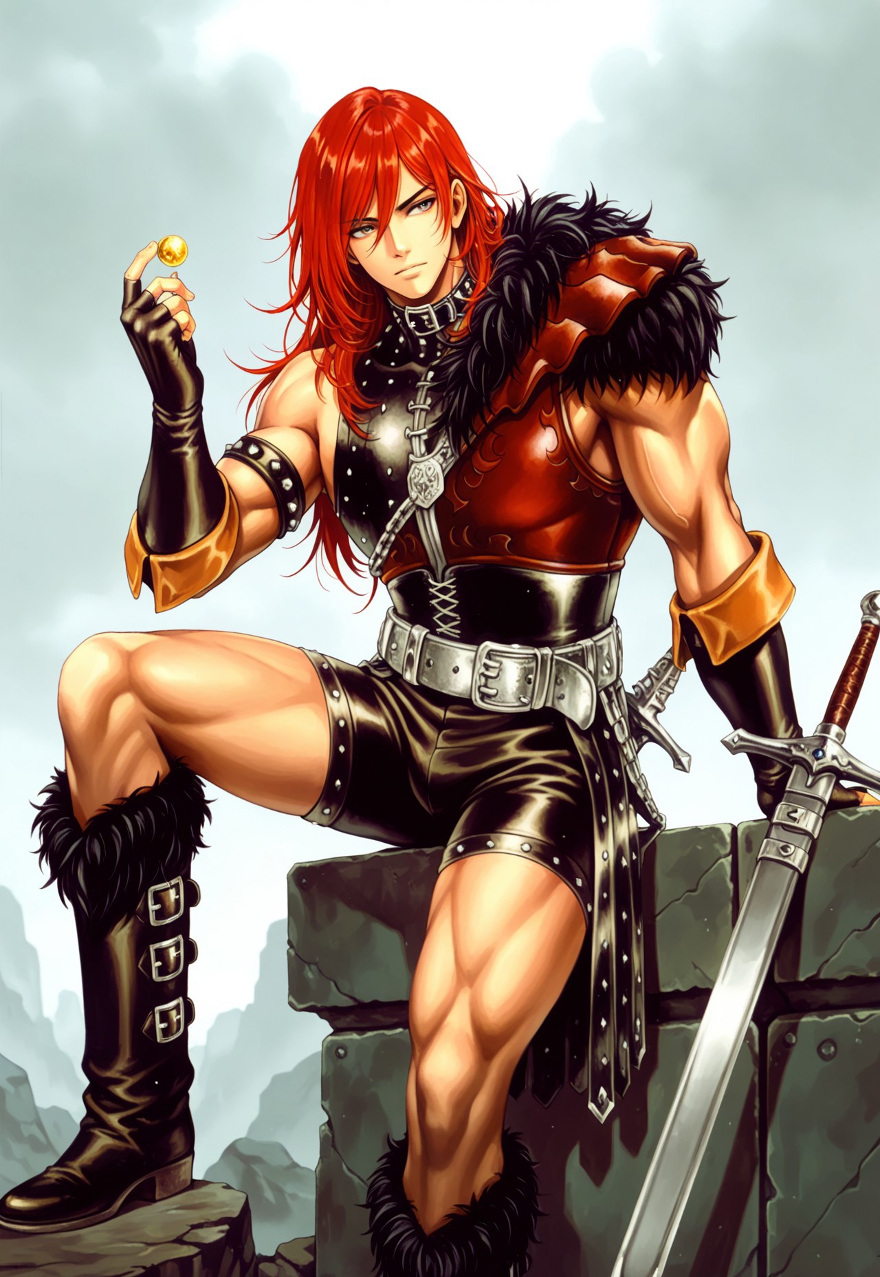masterpiece,best quality,amazing quality, simobelilxl, ccsimon, chronsimonilxl, muscular, belt choker, straps, belt straps, single fur lined pauldron, black leather shorts, sheathed sword, studded armlet, black leather armor, muscular, red leather half-breastplate, silver belt, black fur lined boots, male focus, 1boy, fingerless black gloves, long hair, red hair